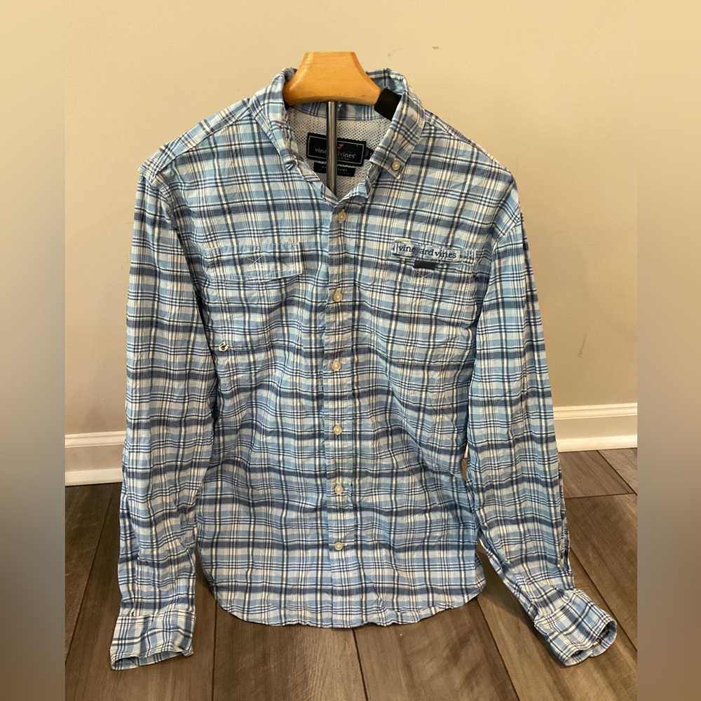 Vineyard Vines Light Blue and White Plaid Button-Down Harbor Shirt